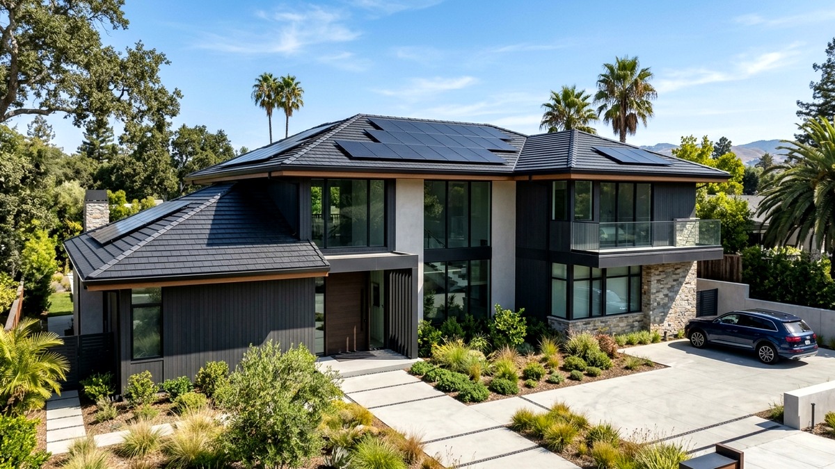 Integrated Solar Shingle and Designer Slate Roof Installation on Luxury Estate in Atherton, CA