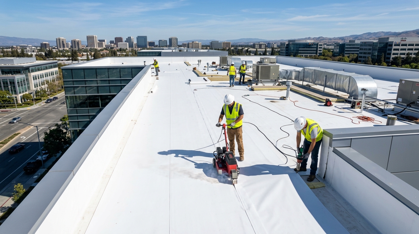 Commercial roofing crew heat welding single-ply TPO flat roof membrane on Silicon Valley building