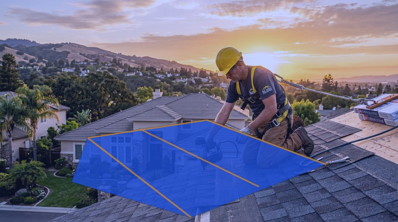 Roofer securing heavy duty emergency tarp during San Jose rain storm