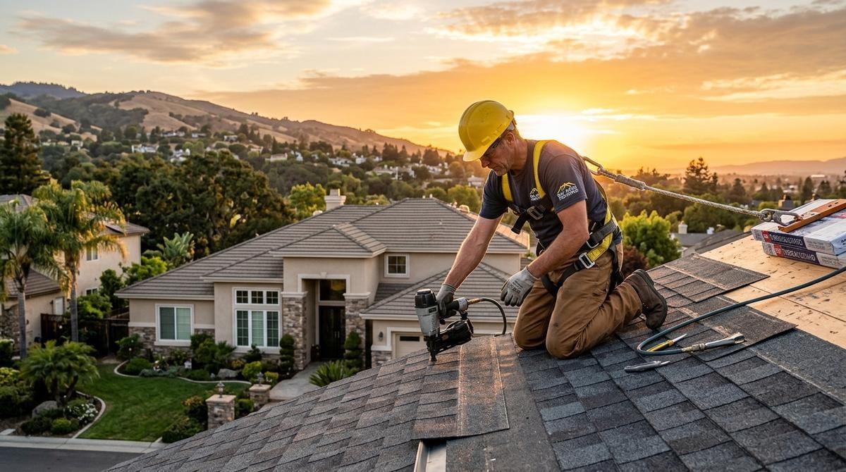 Roofer installing shingles on San Jose home at sunset