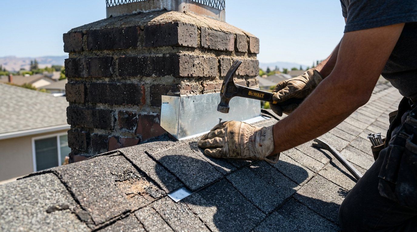 Roofer diagnosing and repairing flashing and shingles on San Jose home