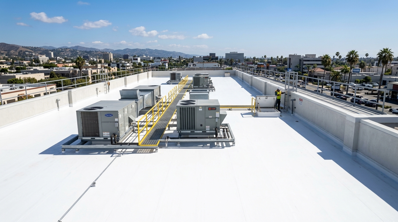 Roofer applying reflective silicone roof restoration coating in San Jose